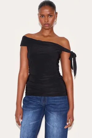 PRETTYLITTLETHING Double Layer Slinky Tie Shoulder Bardot Long Top