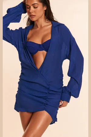 PRETTYLITTLETHING Cobalt Linen Look Plunge Ruched Beach Dress