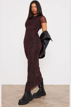 PRETTYLITTLETHING Burgundy Floral Print Mesh Short Sleeve Maxi Dress