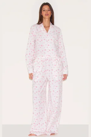PRETTYLITTLETHING Floral Bow Print Woven Long Pj Set