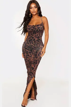 PRETTYLITTLETHING Shape Brown Leopard Print Slinky Cowl Neck Maxi Dress