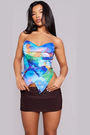 PRETTYLITTLETHING Textured Print Woven Asymmetric Pointed Hem Corset