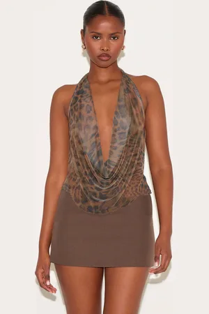 PRETTYLITTLETHING Mesh Printed Halter Neck Top