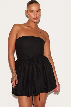 PRETTYLITTLETHING Plus Linen Bandeau Tie Waist Puffball Dress