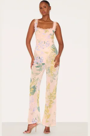 PRETTYLITTLETHING Floral Printed Chiffon Corset Detail Flared Jumpsuit