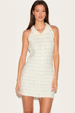 PRETTYLITTLETHING Cream Boucle Knit Button Through Collar Detal Mini Dress