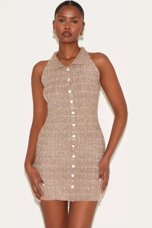 PRETTYLITTLETHING Taupe Boucle Knit Button Through Collar Detal Mini Dress