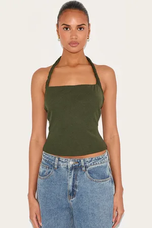 PRETTYLITTLETHING Olive Burnout Mesh Twist Halter Neck Long Top