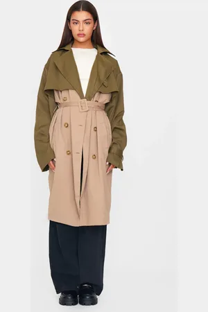 PRETTYLITTLETHING Khaki Contrast Oversized Belted Midi Trench Coat