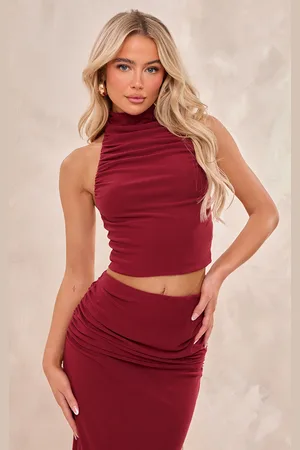 PRETTYLITTLETHING Burgundy Soft Touch Ruched Halterneck Crop Top