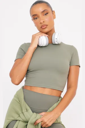PRETTYLITTLETHING Olive Sculpt Short Sleeve Crop Gym Top