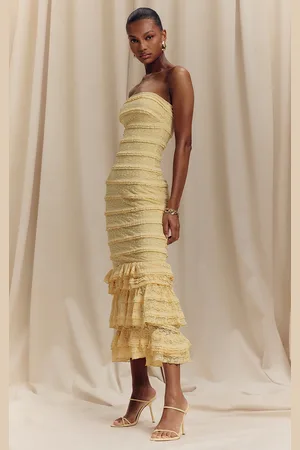 PRETTYLITTLETHING Textured Lace Frill Tiered Midaxi Dress