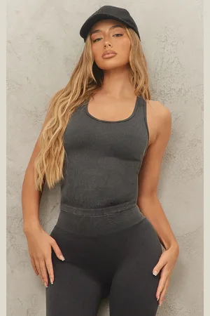 PRETTYLITTLETHING Charcoal Acid Wash Seamless Rib Halter Neck Gym Top