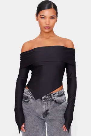 PRETTYLITTLETHING Slinky Bardot Asymmetric Long Top