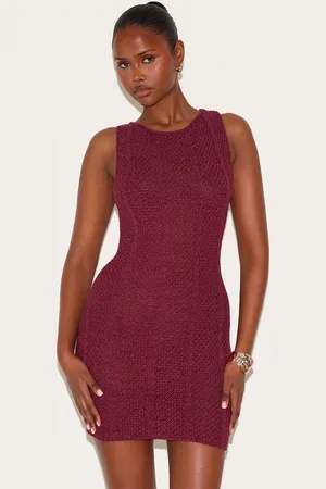 PRETTYLITTLETHING Wine Textured Filigree Knit Boat Neck Mini Dress