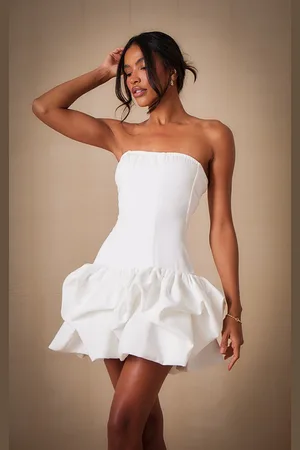 PRETTYLITTLETHING Premium Woven Corset Puffball Hem Mini Dress