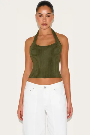 PRETTYLITTLETHING Olive Rib Knit Halterneck Top