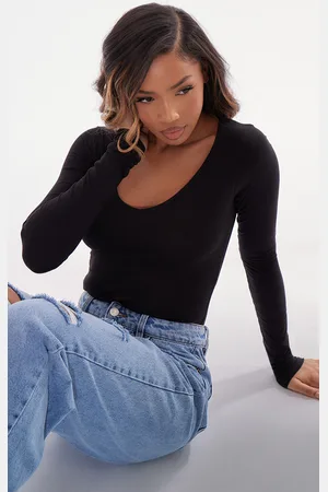 PRETTYLITTLETHING Basic Cotton Blend Plunge Long Sleeve Bodysuit