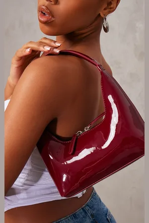 PRETTYLITTLETHING Burgundy Patent Simple Structured Double Zip Shoulder Bag