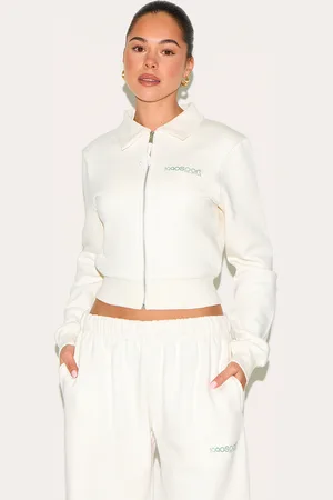 PRETTYLITTLETHING Cream Fitted Zip Through Collar Sweatshirt