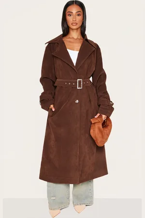 PRETTYLITTLETHING Petite Faux Suede Belted Trench Coat