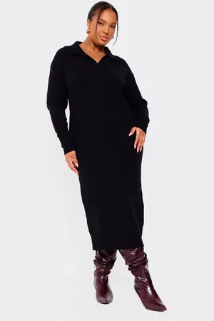 PRETTYLITTLETHING Plus Collar Detail Cosy Knitted Midaxi Dress
