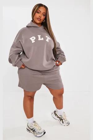 PRETTYLITTLETHING Plus Charcoal Logo Oversized Sweat Shorts
