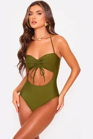 PRETTYLITTLETHING Khaki Halter Neck Cut Out Swimsuit