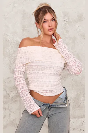 PRETTYLITTLETHING Cream Textured Bardot Long Top