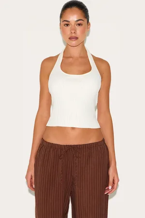 PRETTYLITTLETHING Cream Rib Knit Halterneck Top