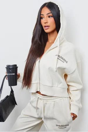 PRETTYLITTLETHING Petite Cream Premium Print Zip Front Hoodie