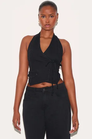 PRETTYLITTLETHING Halter Neck Wrap Front Denim Waistcoat