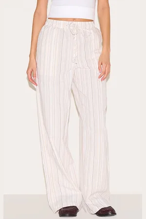 PRETTYLITTLETHING Beige Pinstripe Printed Drawstring Waist Slouchy Trousers