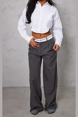 PRETTYLITTLETHING Tall Charcoal Fold Over Front Trousers