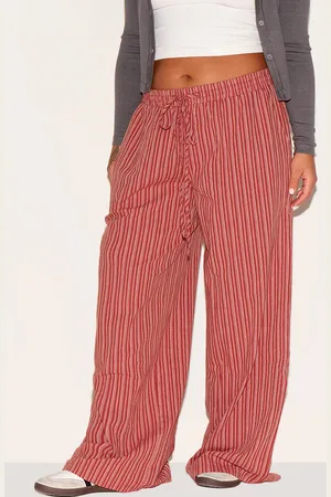PRETTYLITTLETHING Plus Burnt Pinstripe Cotton Low Waisted Wide Leg Trousers