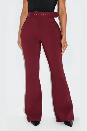 PRETTYLITTLETHING Shape Wine Stretch Woven High Waisted Belted Flare Trousers