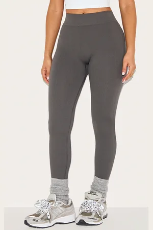 PRETTYLITTLETHING Petite Charcoal Contour Rib Seamless Leggings
