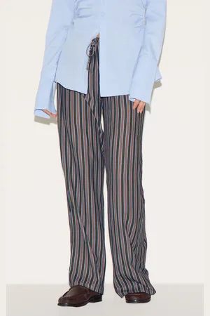 PRETTYLITTLETHING Navy Striped Thin Waistband Wide Leg Trousers