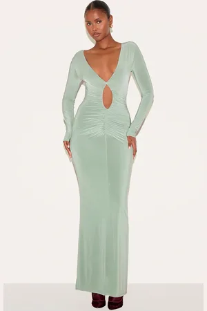 PRETTYLITTLETHING Double Layer Plunge Ruched Maxi Dress