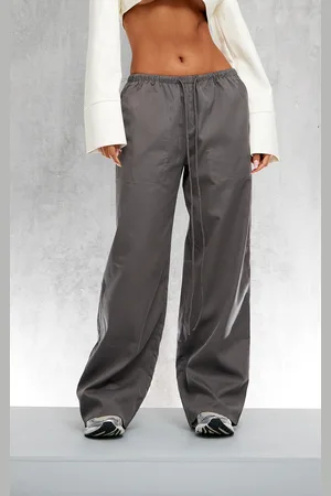 PRETTYLITTLETHING Charcoal Woven Drawstring Waist Low Rise Relaxed Trousers