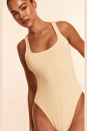 PRETTYLITTLETHING Cream Textured Stripe Scoop Swimsuit