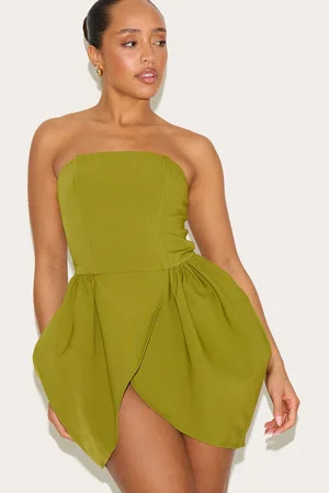 PRETTYLITTLETHING Shape Olive Woven Bandeau Tulip Mini Dress