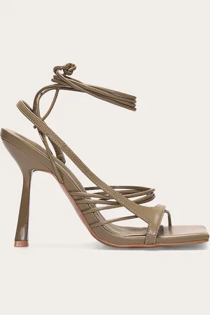 PRETTYLITTLETHING Olive Pu Square Toe Asymmetric Strappy Lace Up High Heeled Sandals