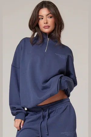 PRETTYLITTLETHING Navy Premium Print Half Zip Sweatshirt