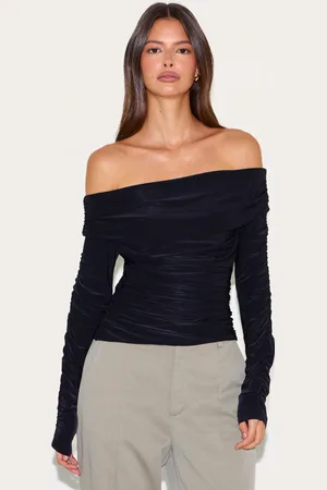 PRETTYLITTLETHING Double Layer Slinky Ruched Detail Bardot Long Sleeve Top