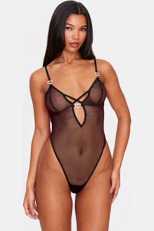 PRETTYLITTLETHING Fishnet Diamante Heart Lingerie Bodysuit