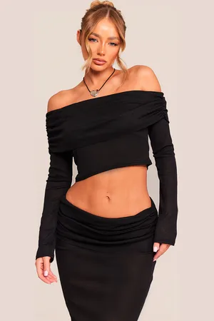 PRETTYLITTLETHING Sheer Burnout Mesh Fold Over Hem Long Sleeve Bardot Top