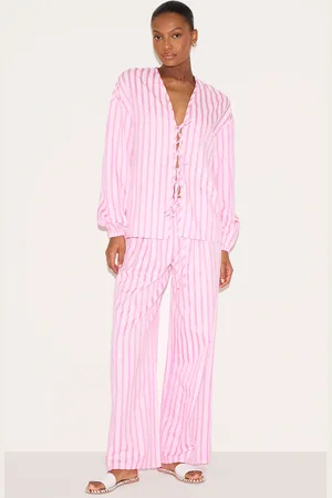 PRETTYLITTLETHING Striped Textured Tie Drawstring Wide Leg Trousers