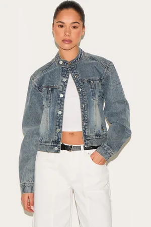PRETTYLITTLETHING Vintage Blue Racer Collar Denim Jacket