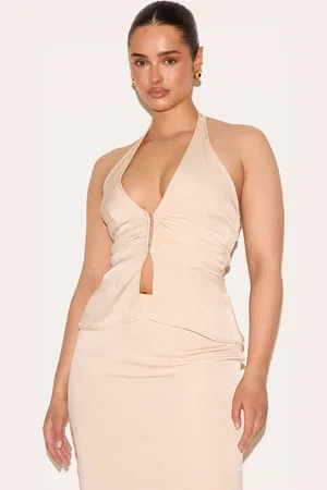 PRETTYLITTLETHING Shape Woven Tailored Halterneck Ruched But Split Hem Top